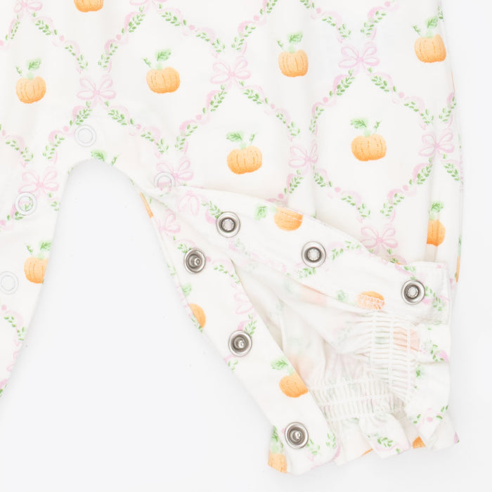 Smocked Long Sleeve Romper-Pretty Pumpkin Trellis
