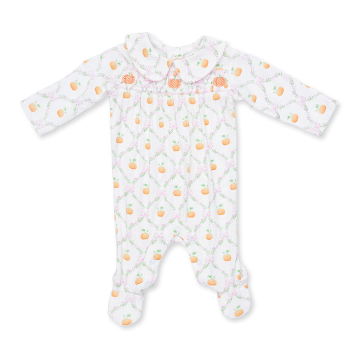 Smocked Peter Pan Snap Footie-Pretty Pumpkin Trellis