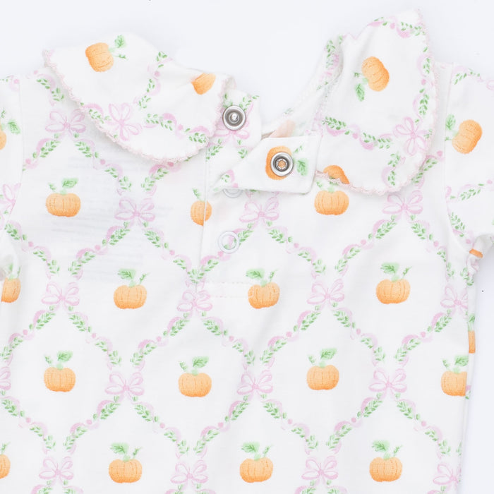 Smocked Peter Pan Snap Footie-Pretty Pumpkin Trellis