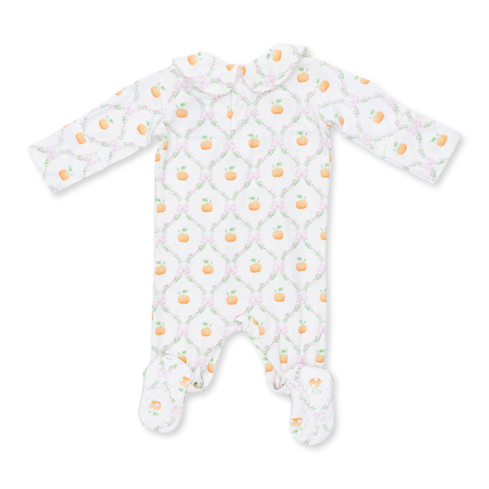 Smocked Peter Pan Snap Footie-Pretty Pumpkin Trellis