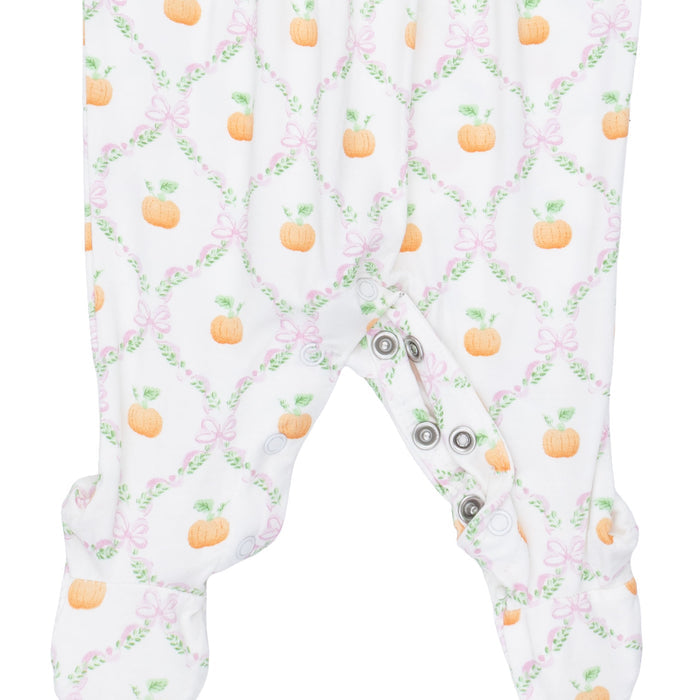 Smocked Peter Pan Snap Footie-Pretty Pumpkin Trellis