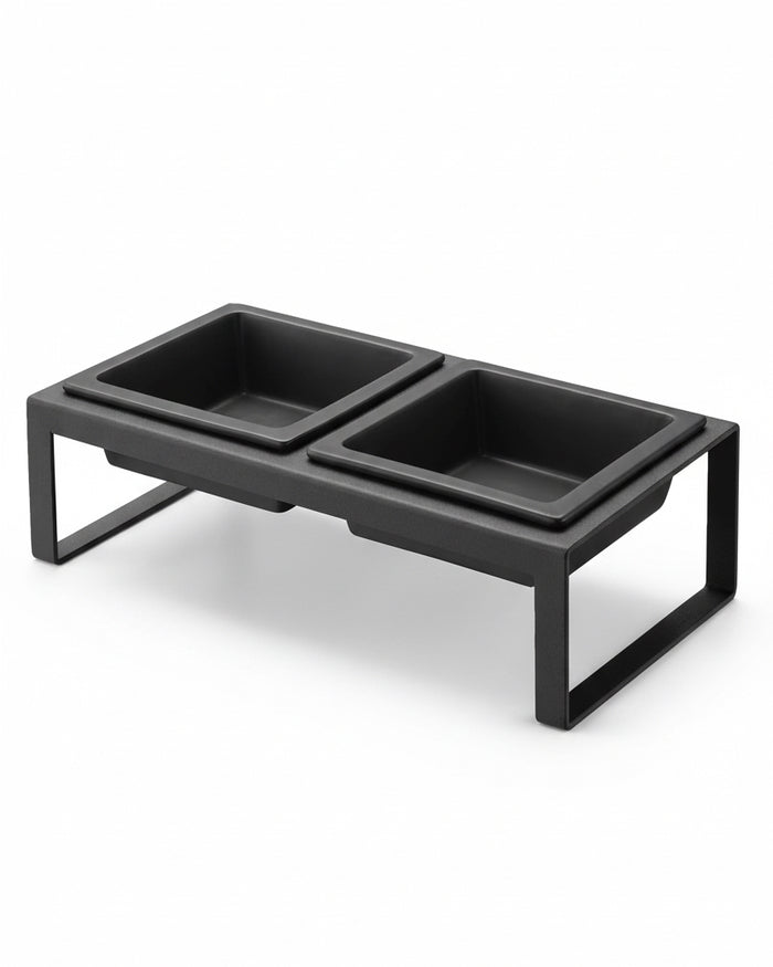 top view black ceramic dog bowl in raised stand modern feeding setup for small to medium dogs