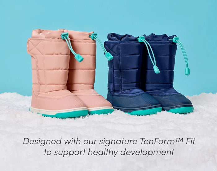 Ten Little Snow Boots side by side, designed with our signature TenForm™ Fit to support healthy development - Blush Pink, Navy Blue. Available at www.tenlittle.com