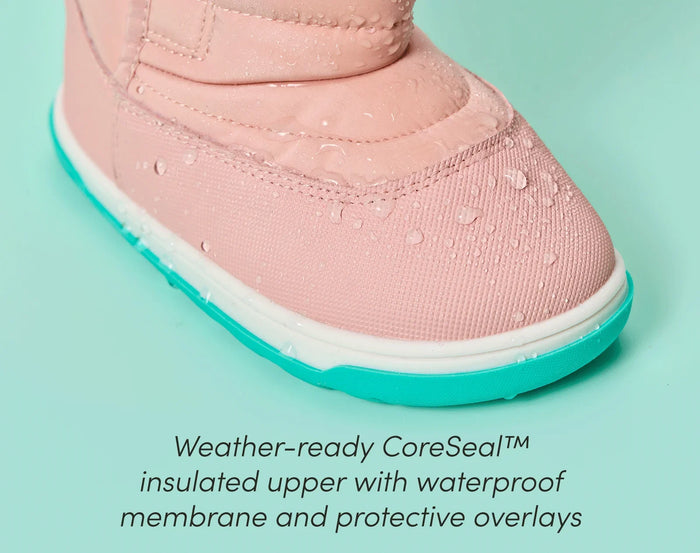 Close-up view of Ten Little Snow Boots with a weather-ready CoreSeal™ insulated upper with waterproof membrane and protective overlays - Blush Pink. Available at www.tenlittle.com