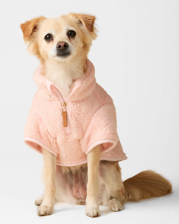Snuggle Season Pink Sherpa Dog Jacket, warm and comfy for small to medium dogs like Pugs, Mini Aussies, and Cocker Spaniels.
