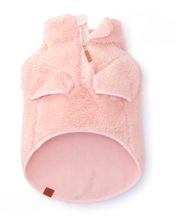 Small-medium dog sherpa jacket in pink, ideal for Mini Schnauzers, Pugs, and Cocker Spaniels staying warm outdoors.