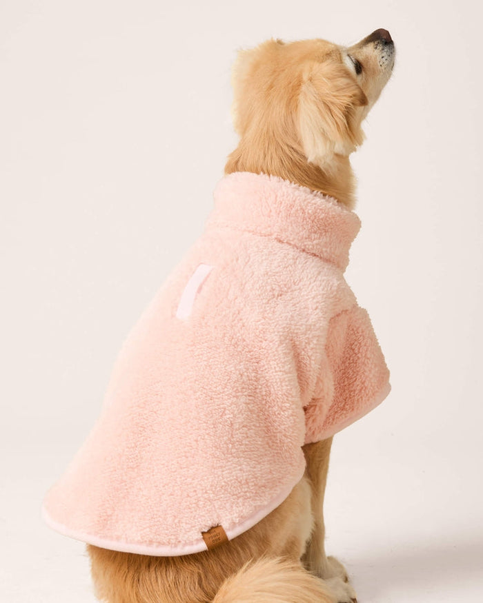 Snuggle Season Pink Sherpa Jacket for small-medium dogs. Cozy option for Boston Terriers, French Bulldogs, and Mini Aussies.
