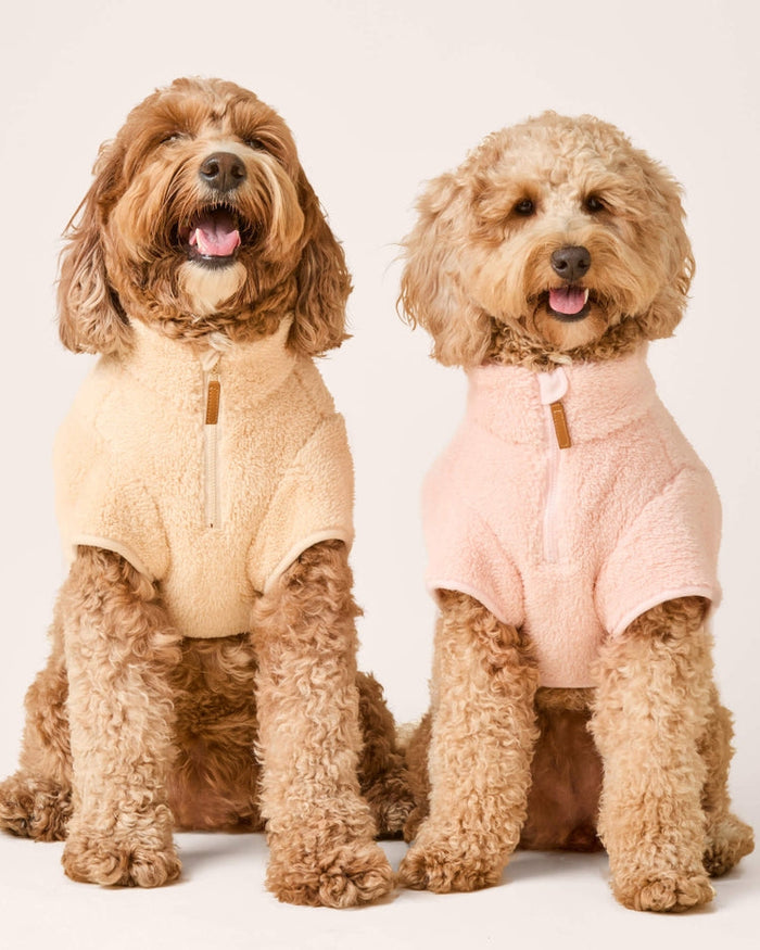 Snuggle Season Wheat Sherpa Dog Jacket, cozy for small-medium dogs like French Bulldogs, Mini Schnauzers, and Cavaliers on chilly days.