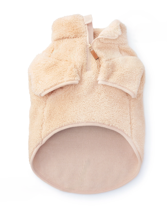 Wheat-colored sherpa jacket for small-medium breeds such as Pugs, Boston Terriers, and Mini Aussies. Perfect for outdoor adventures.