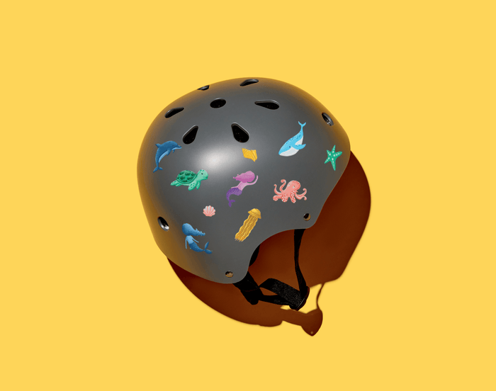 Ten Little Specialty Stickers on helmet - Available at www.tenllittle.com