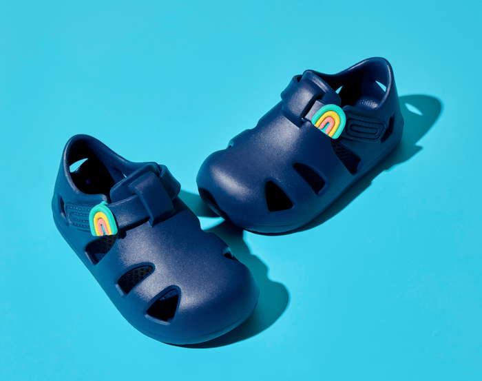 Ten Little Nautical Navy Splash Sandals with Splash Sandal Charms on - Rainbow. Available at www.tenlittle.com