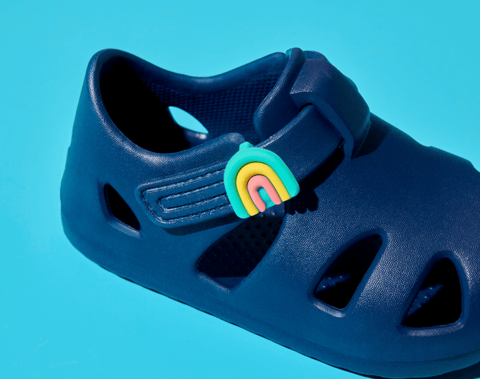 Close up of Ten Little Nautical Navy Splash Sandals with Splash Sandal Charms on - Rainbow. Available at www.tenlittle.com