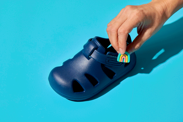 GIF putting on and taking off Ten Little Splash Sandal Charms - Rainbow. Available at www.tenlittle.com