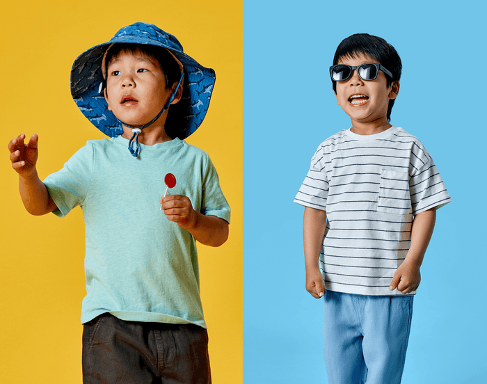 Split view of boy wearing Jan & Jul AquaDry Hat and Ten Little x Roshambo Sunglasses. Available at www.tenlittle.com