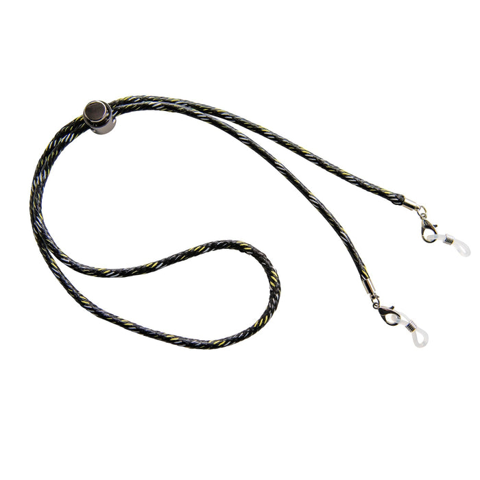 The Lucyd Sport Strap is a black and yellow braided glasses accessory featuring an adjustable croakie slider and metal clips on both ends for secure attachment to your eyeglass frames.