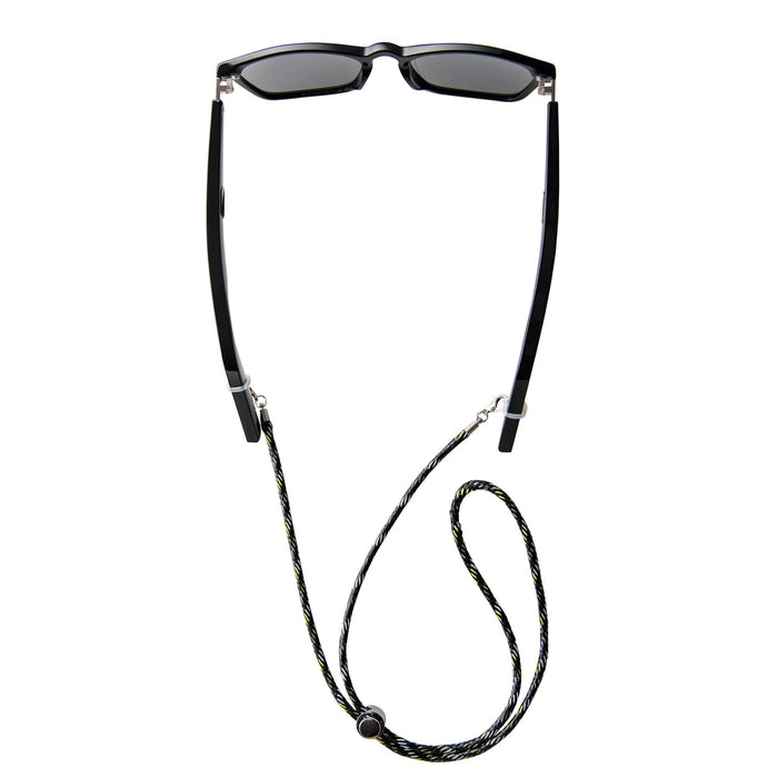 Lucyd black rectangular sunglasses are paired with the Sport Strap, an adjustable braided black, white, and green croakie glasses strap, displayed on a white background.