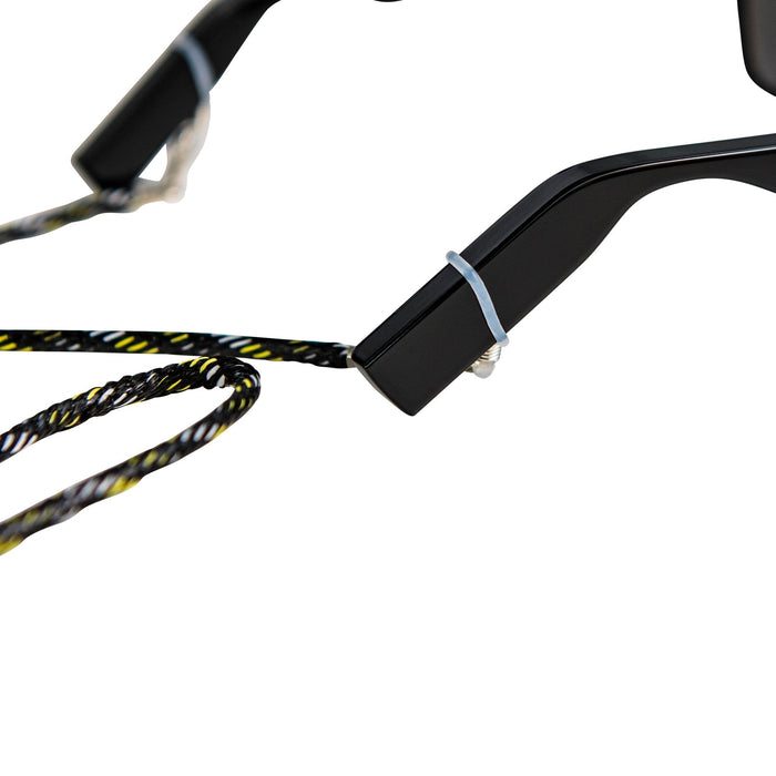 Close-up of the arm of black eyeglasses attached to a braided black-and-yellow Lucyd Sport Strap using a small clear rubber loop.