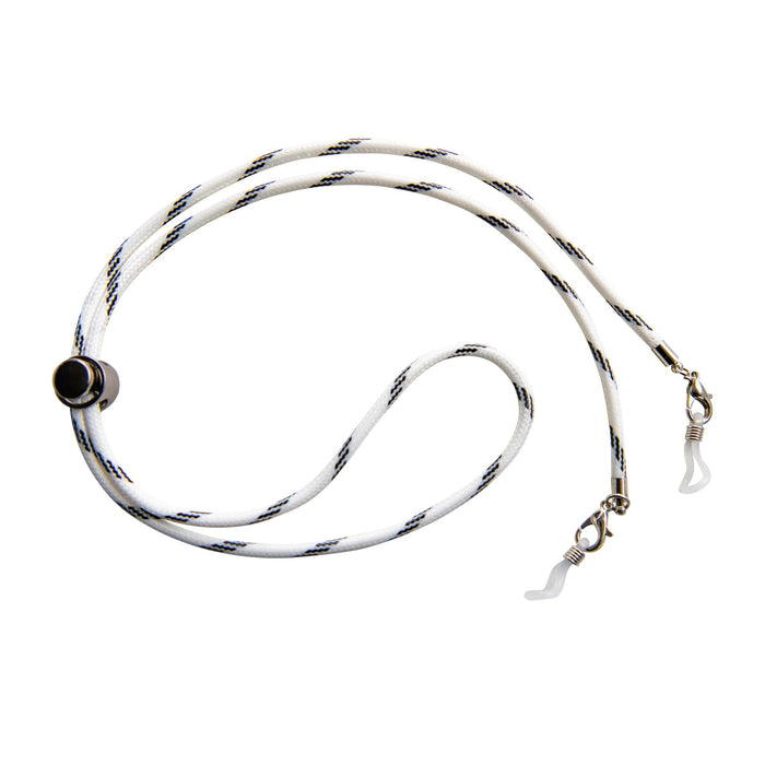 The Lucyd Sport Strap is a white and black adjustable croakie, perfect as a glasses strap to keep your Lucyd Lyte secure and stylish.