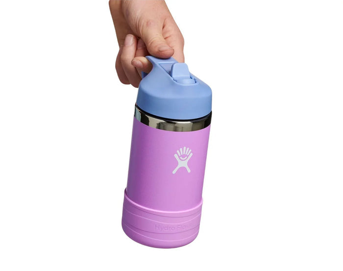 Person holding Hydro Flask Stainless Steel Straw Lid Water Bottle - 12oz - Purple. Available at www.tenlittle.com