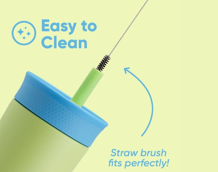 Straw brush fitting into and cleaning straw of Owala Stainless Steel Tumbler - 12oz - Blue/Green. Available at www.tenlittle.com