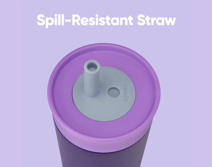 Top view of spill-resistant straw and Owala Stainless Steel Tumbler - 12oz - Purple. Available at www.tenlittle.com