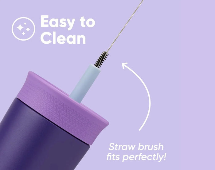 Straw brush fitting into and cleaning straw of Owala Stainless Steel Tumbler - 12oz - Purple. Available at www.tenlittle.com