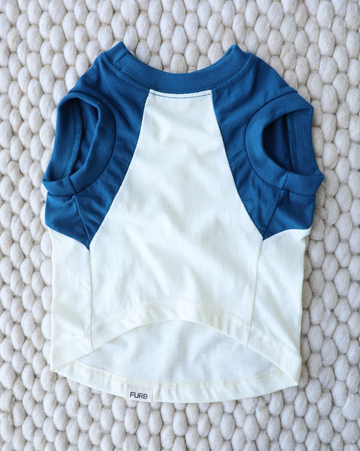 Sporty blue muscle style dog t-shirt designed for active pups, ideal for Mini Aussies, Boston Terriers, Beagles, and medium sized breeds