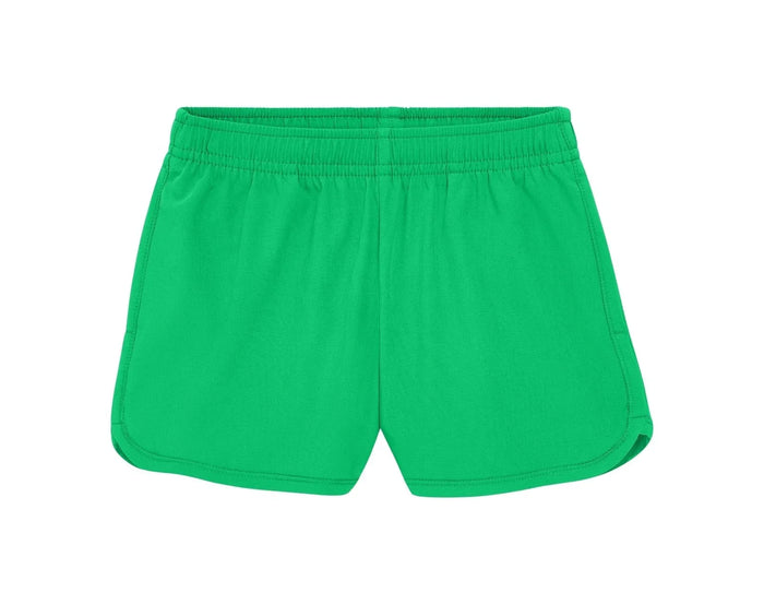 Front view of Primary Running Shorts - Green Apple. Available at www.tenlittle.com