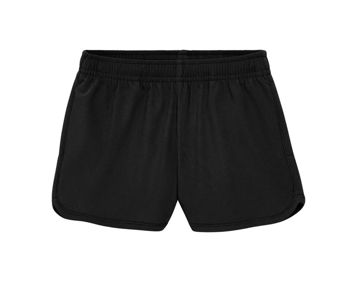 Front view of Primary Running Shorts - Black. Available at www.tenlittle.com