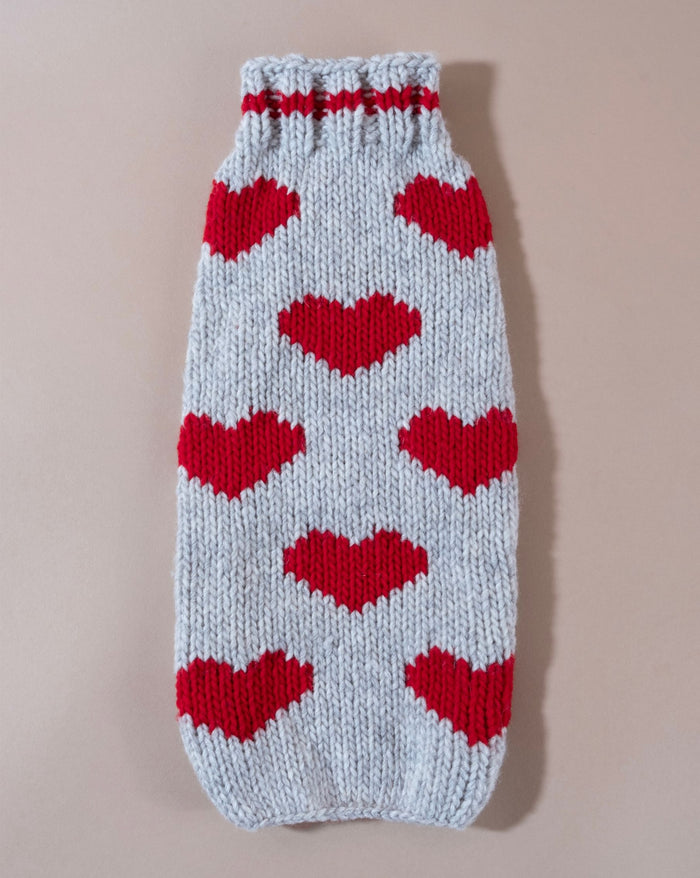 Cozy red heart sweater for small to medium dogs like French Bulldogs and Dachshunds