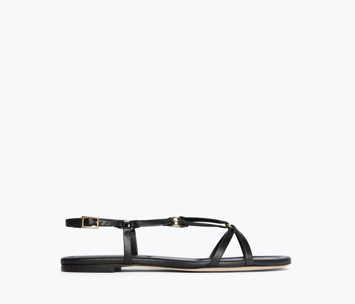 Black Stella sandal by Freda Salvador featuring calf leather straps and a stylish open-toe design.