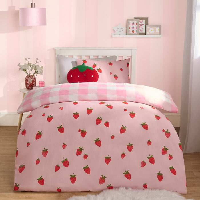 Strawberry Gingham Print Reversible Duvet Set - Pink (Single)