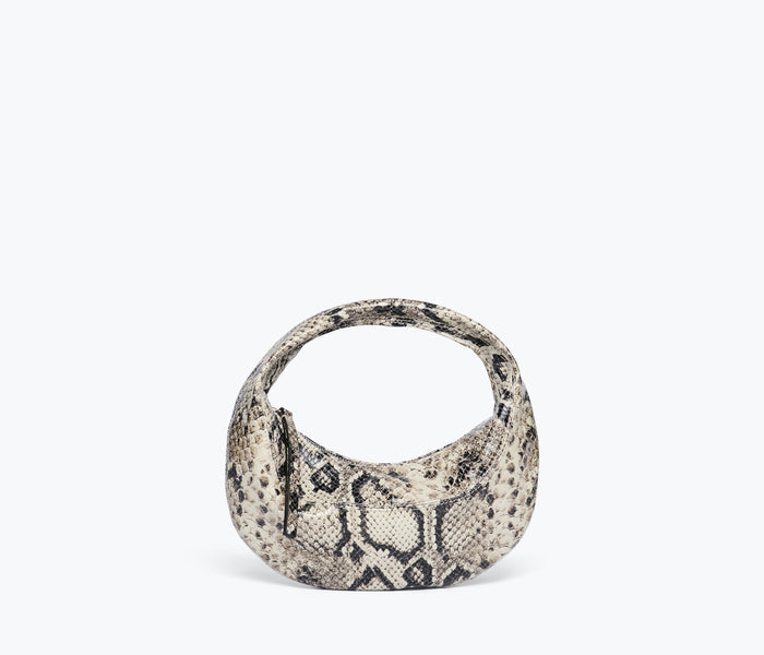 Fredaa Salvador Suki Mini Hobo Bag in black snake print with front view, showing its compact design and stylish leather strap.