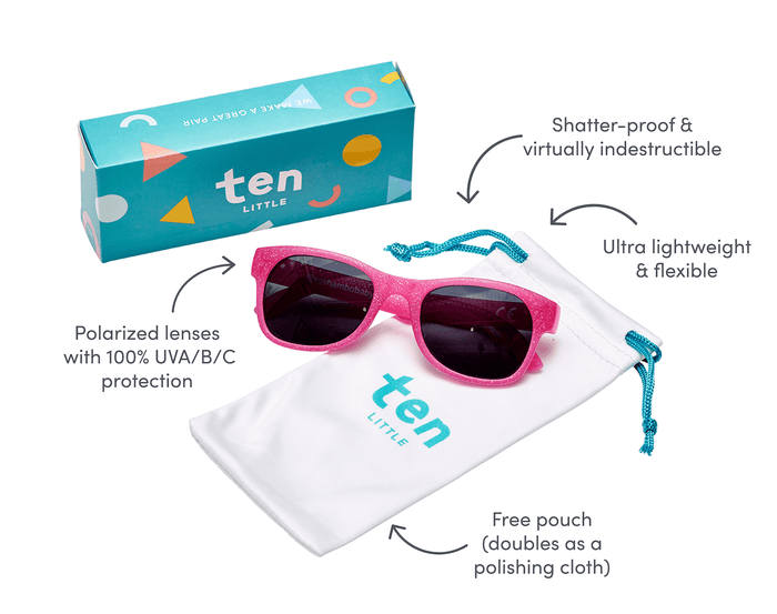 Features of Ten Little Sunglasses with dust pouch - Glitter Pink. Available at www.tenlittle.com