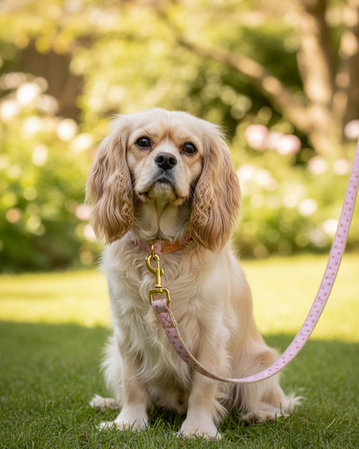 polka dot dog leash close up cotton webbing leash with brass clasp cute dog accessory