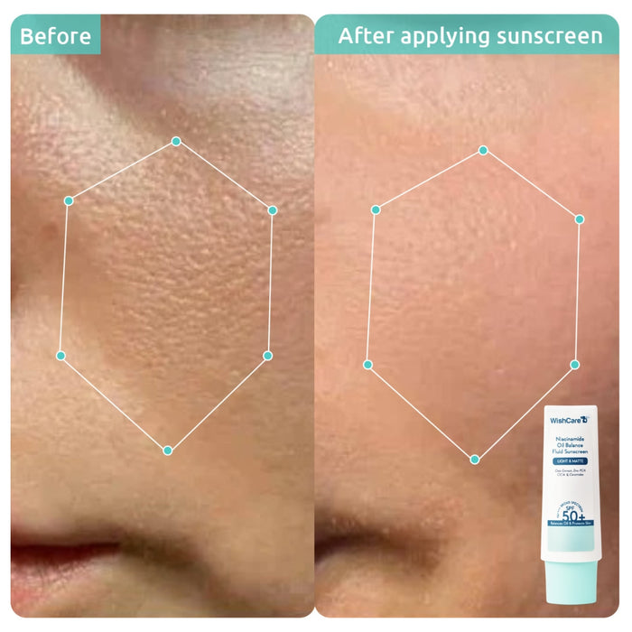 before and after images showing how this spf50 sunscreen is effective in oil balancing and skin protection