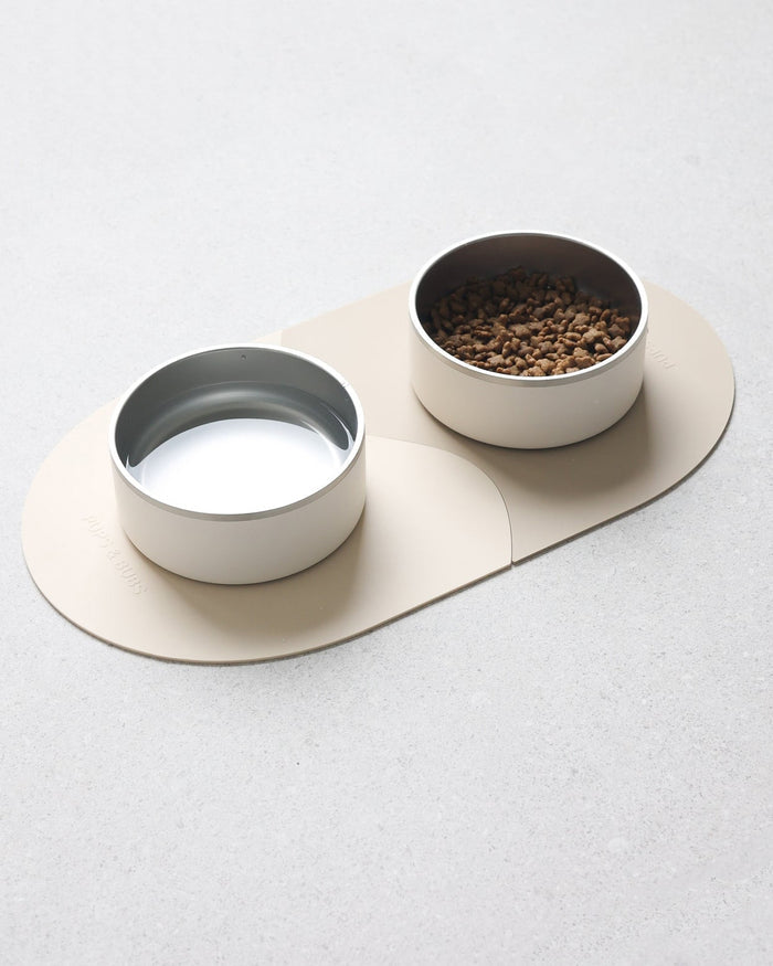 dog mealtime kit stainless steel bowls silicone placemats modern pet feeding set neutral tones