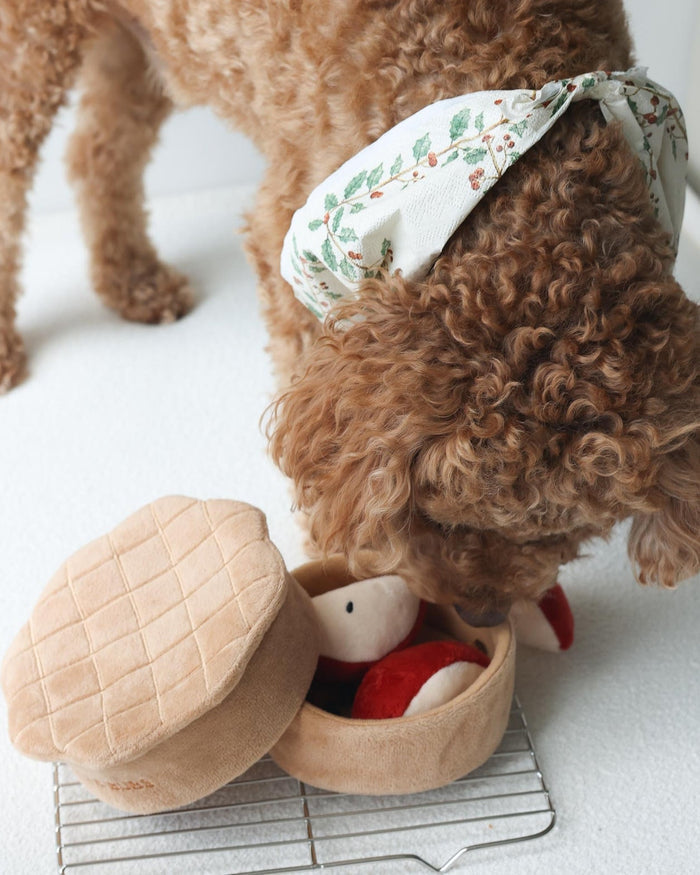apple pie dog toy open pie lid hiding treats sniff and search interactive dog enrichment toy