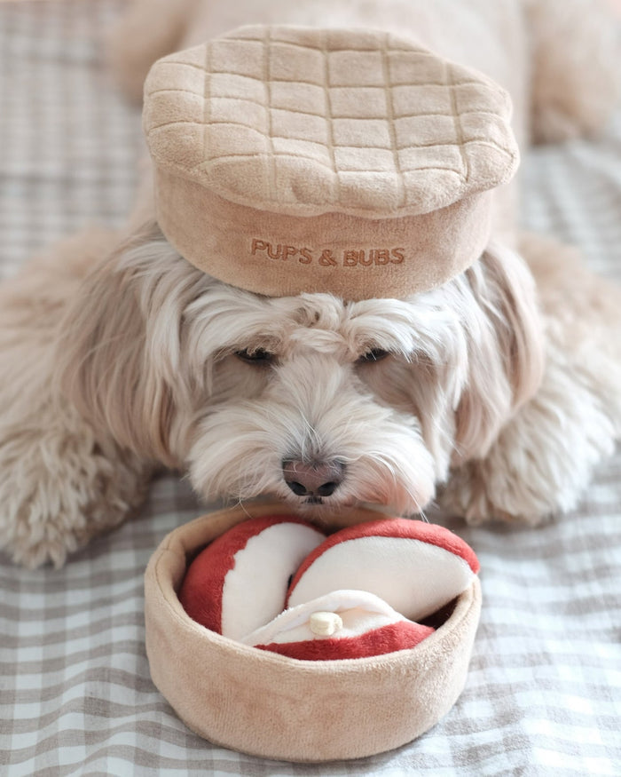 apple pie dog toy close up soft textured enrichment toy for mental stimulation dogs