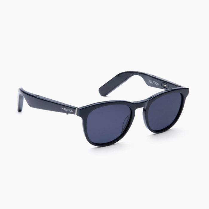 The Nautica Tailwind sunglasses feature black polarized UV400 lenses with a classic round frame, showcased against a plain white background.