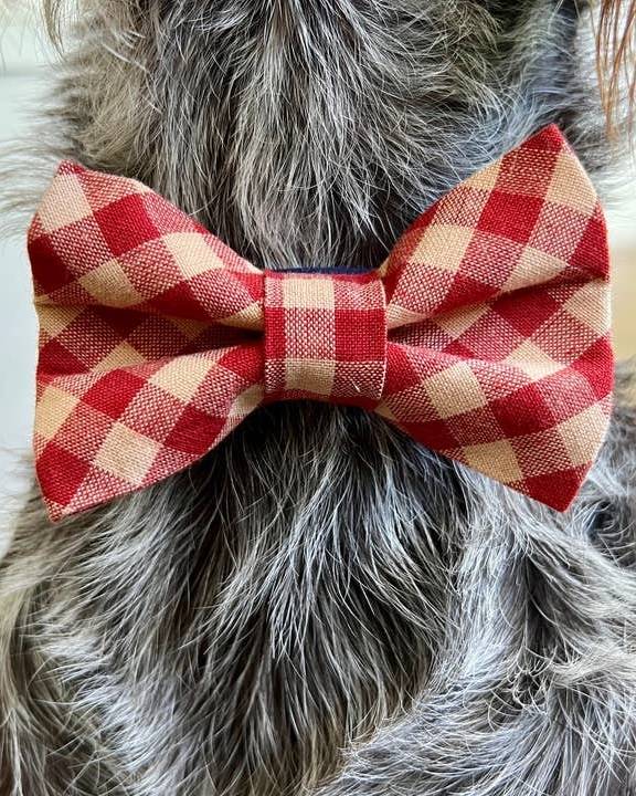 Red and tan checkered dog bow tie, adding flair to your dog's look.