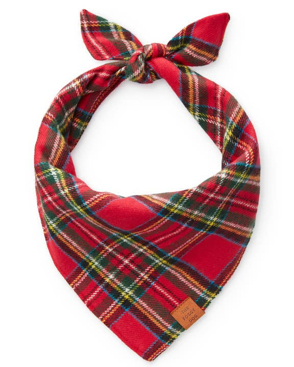 Festive tartan flannel dog bandana in warm red and green tones, perfect for holiday cheer, comfortable for pugs, French bulldogs, and Boston terriers