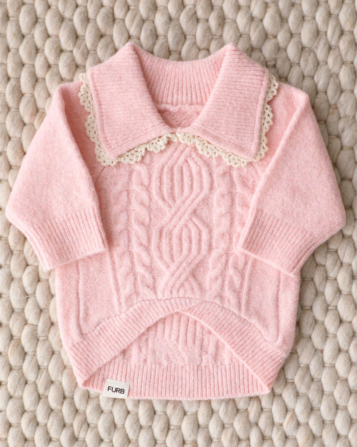 Soft pink cable knit dog sweater for warmth and style, cozy and playful for cooler days, perfect for French bulldogs, pugs, and beagles