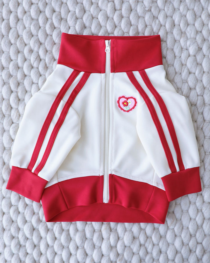 Ivory and red track jacket for dogs, sporty and sleek, perfect for everyday casual wear, ideal for French bulldogs, pugs, and beagles
