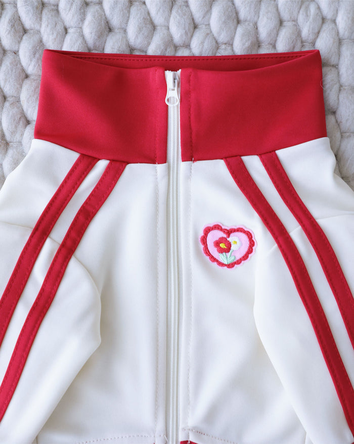 Classic red and ivory track jacket for dogs, comfortable and stylish for daily activity, great for corgis, Frenchies, and small spaniels