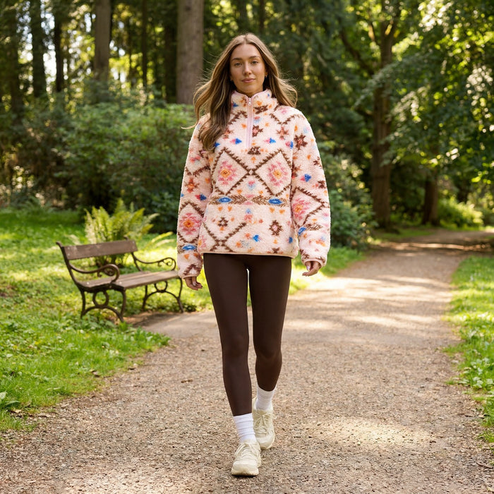Teddy Aztec Print Half Zip Fleece - Beige/Orange