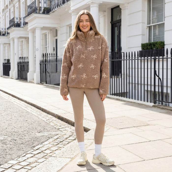 Teddy Bow Print Half Zip Fleece - Brown