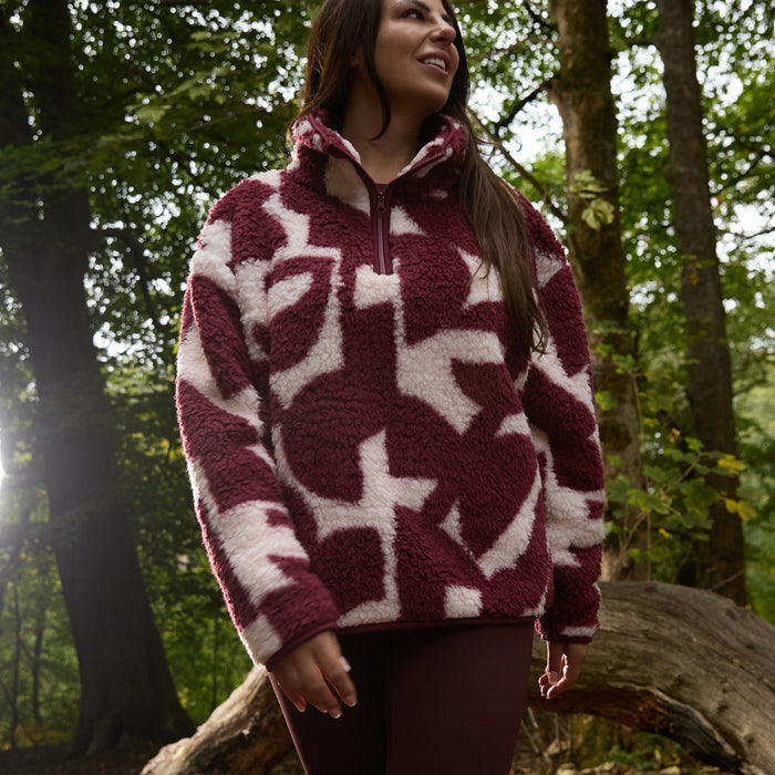 Teddy Geometric Print Half Zip Fleece - Burgundy/White