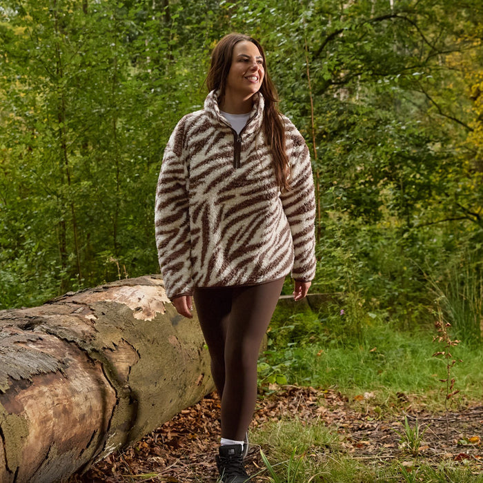 Teddy Zebra Print Half Zip Fleece - Brown