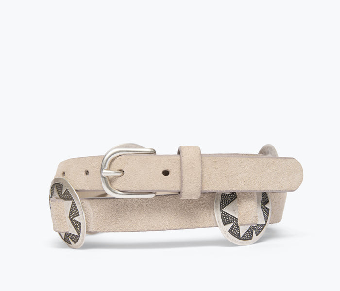 Freda Salvador Tessa Sahara suede belt with sleek design and gold buckle, shown on a neutral background.